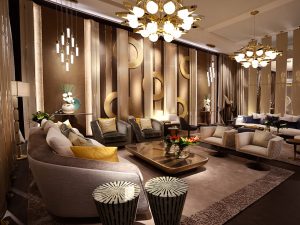 interno dello stand ALCHYMIA per il Salone del mobile di MILANO, si vedono le boiserie a parete, il living con tavolino, divano, lampadari scenografici, progetto cattaneo design, decoro by Alchymia