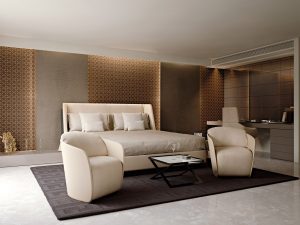 bedroom pareti con carta da parati VESCOM, pannelli in pelle FENDI. Letto e poltrone BENTLEY